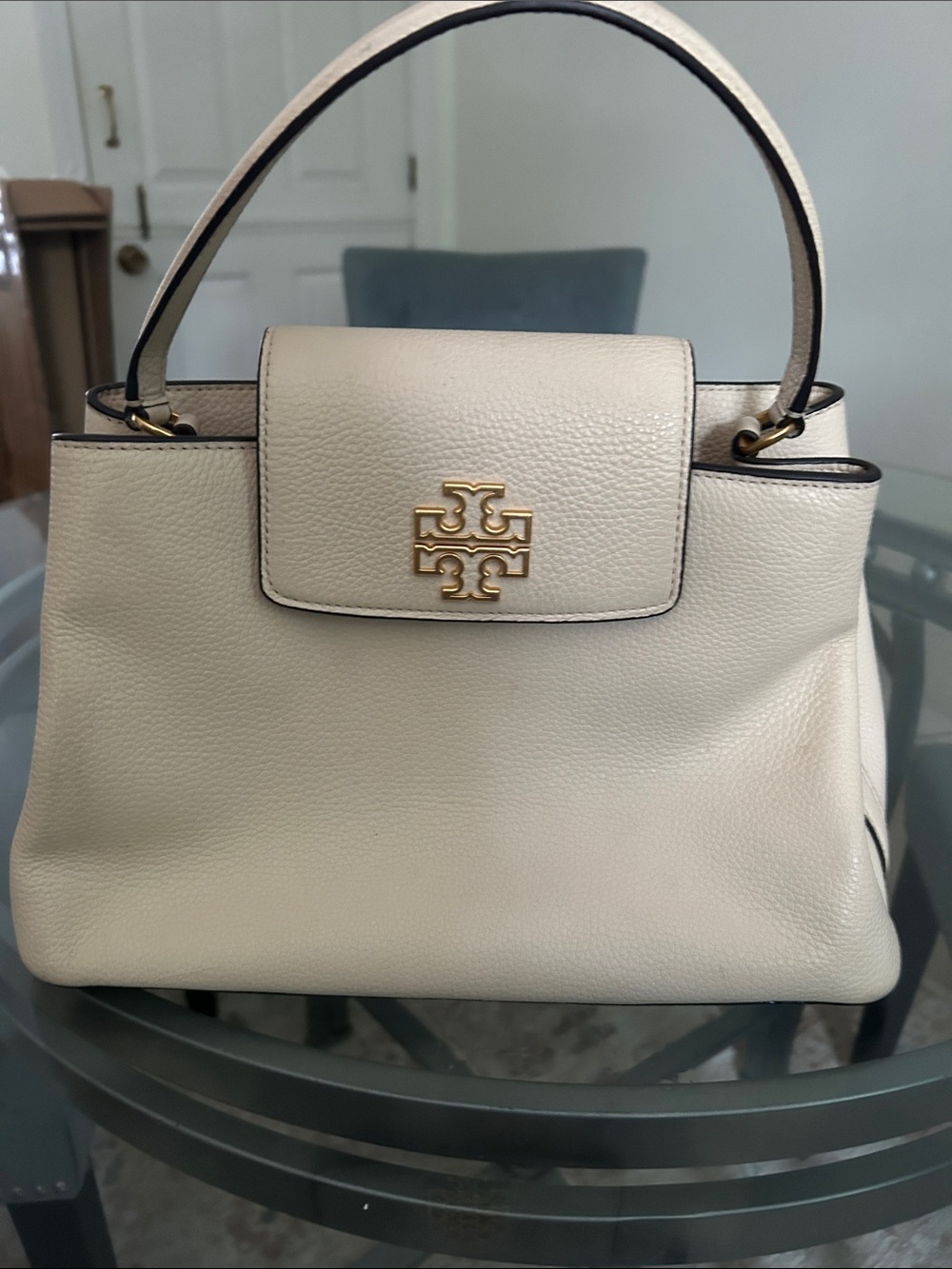 Tory Burch Cream Pebbled Leather Top-Handle Shoulder Bag with Gold Logo